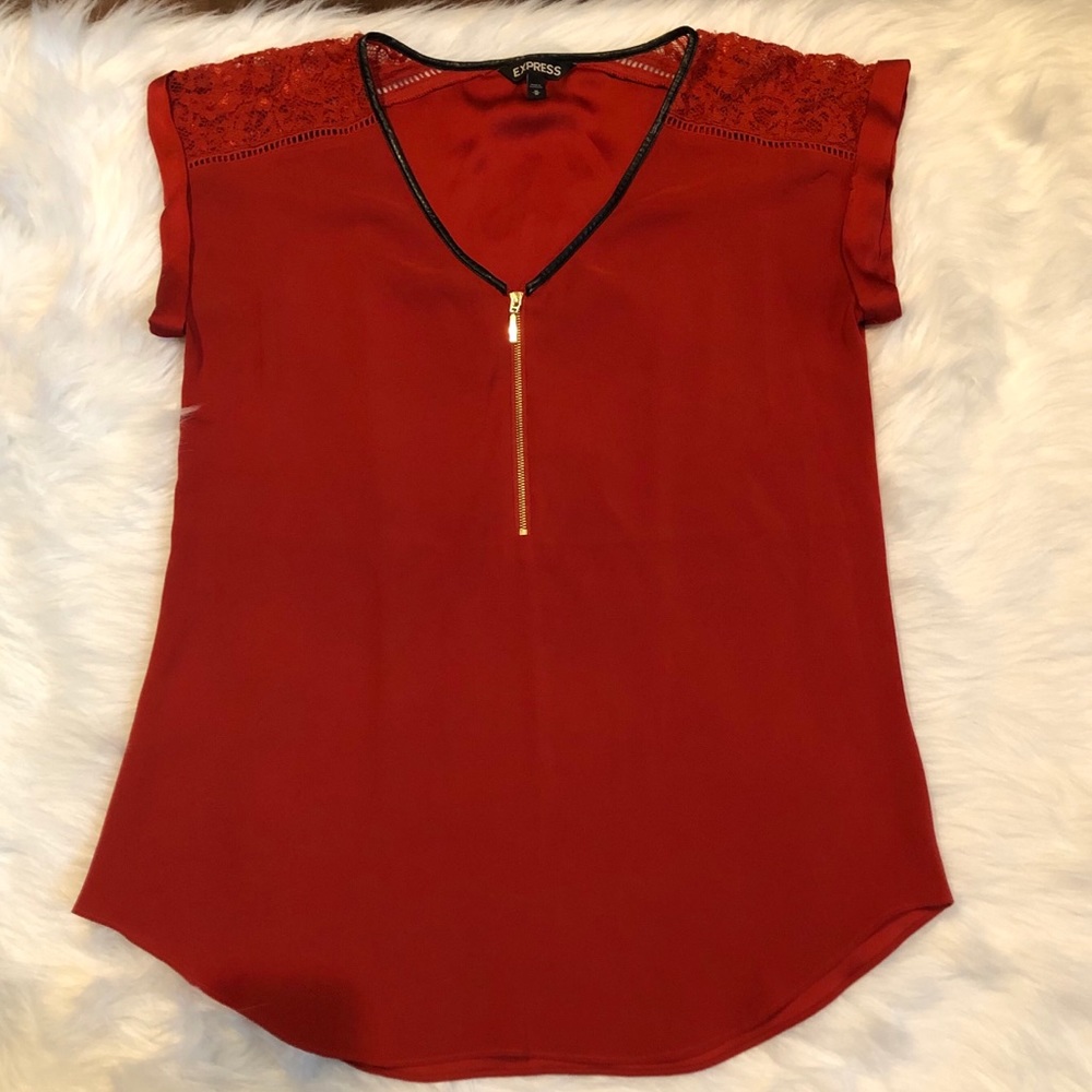 Express Dark Orange Lace Zip-Up Blouse